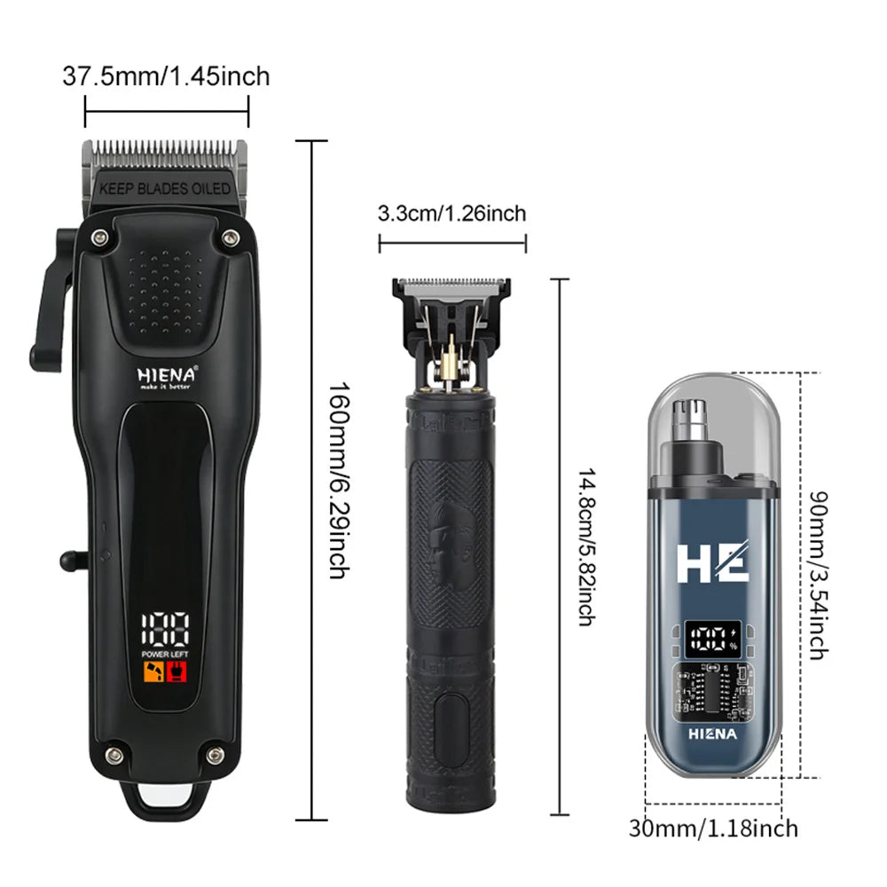 Schwarzes professionelles Elektrik-Haarschneider-Set mit verschiedenen Aufsätzen in verschiedenen Ansichten.