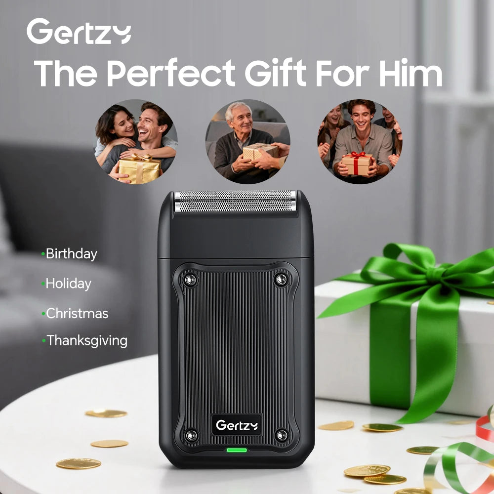 A black Gertzy electric beard trimmer shaver is displayed on a white surface with gold coins and a green ribbon.