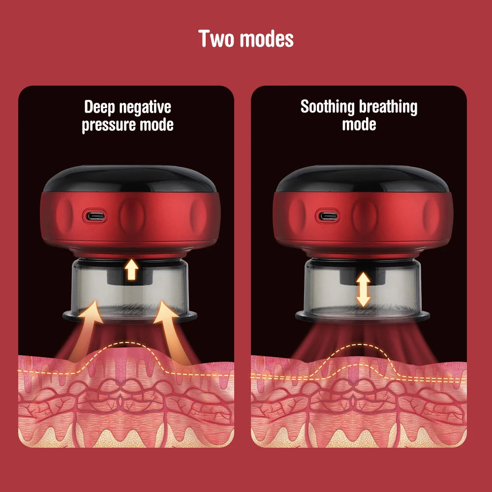 Two modes of a heated electric cupping massager showing deep negative pressure and soothing breathing modes on skin.