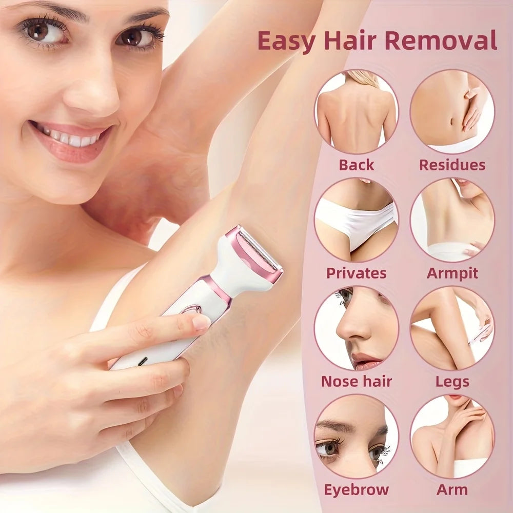 A woman is using a pink electric hair remover device on her arm, with various body parts shown for use.