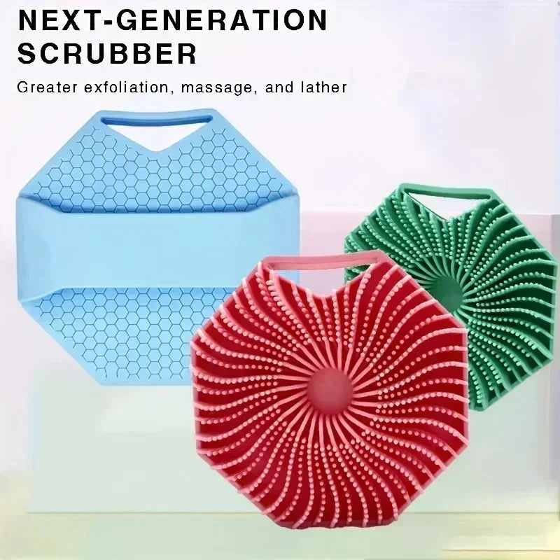 A close-up of a red silicone exfoliating shower scrubber with a textured surface, displayed on a white background.