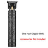 A black vintage cordless hair clipper with a metal guard and charging cable.