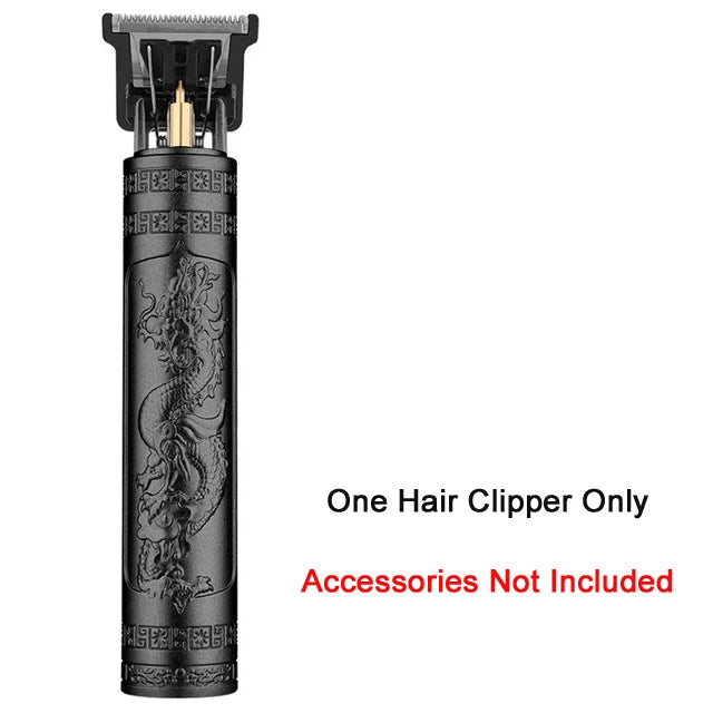 A black vintage cordless hair clipper with a metal guard and charging cable.