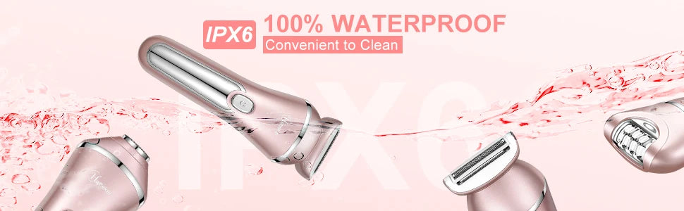 Close-up view of a pink multi-functional electric hair and body groomer with waterproof certification.