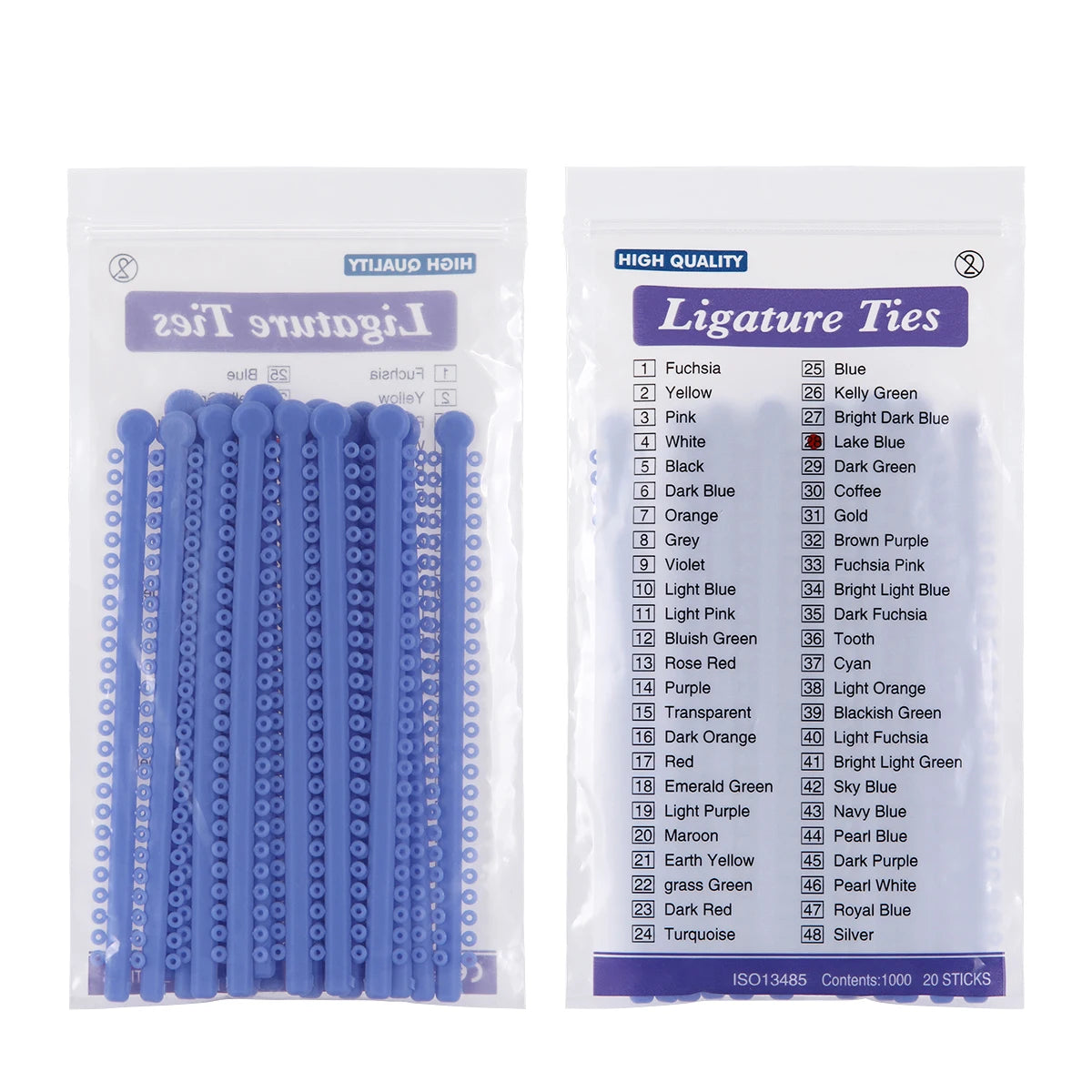 Pack of 20 assorted silicone ligature ties for dental orthodontics in various colors