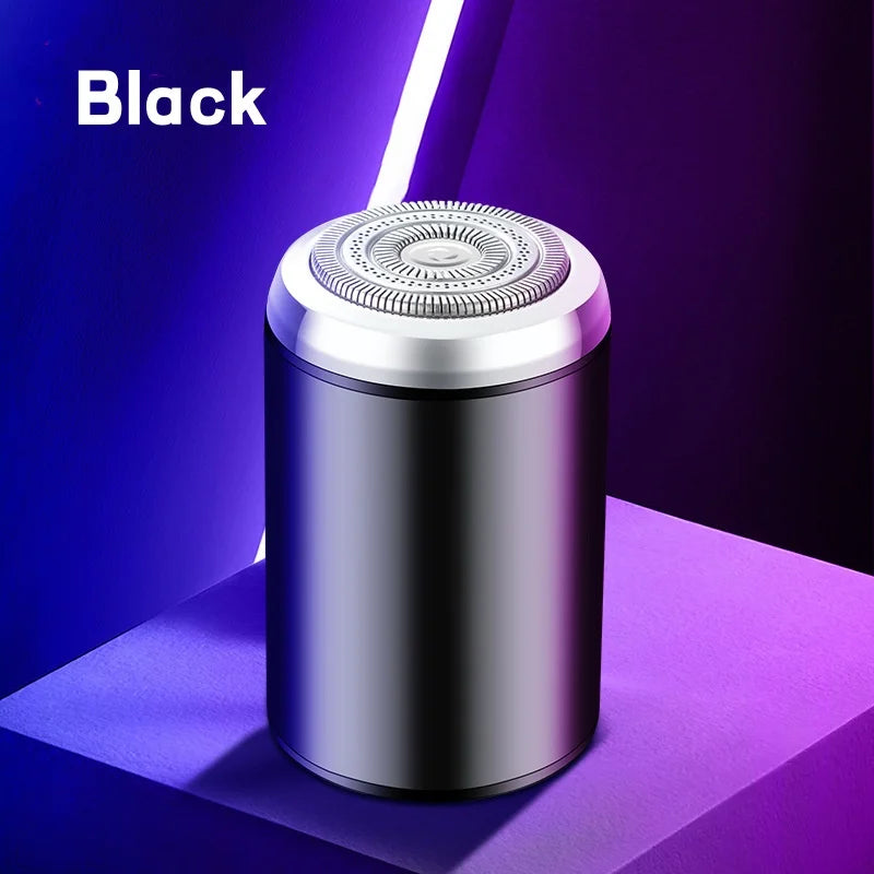A silver compact electric beard trimmer with a black casing is shown against a purple background.