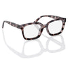 A pair of tortoiseshell and leopard print blue light blocking reading glasses viewed from above.