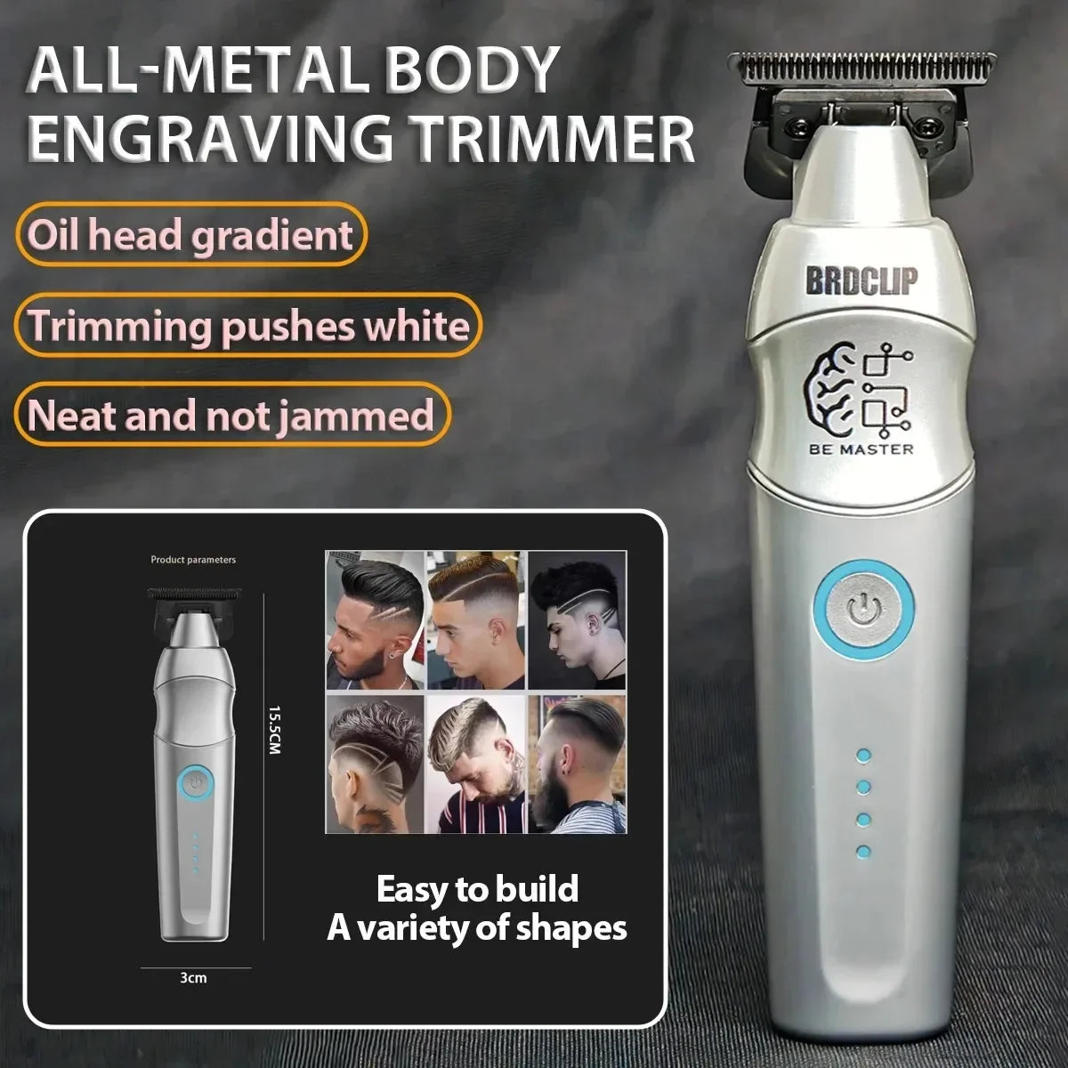 A silver electric body engraving trimmer with oil head gradient and trimming pushes white features.