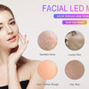 A woman applies a facial LED mask to her face, with various skin conditions shown below.