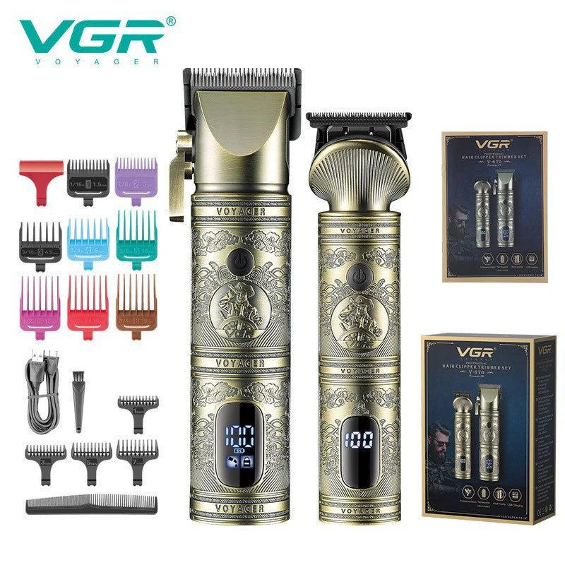 A set of professional electric hair trimmers and clippers in silver and black packaging.