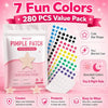 A package of 280 pieces of seven-color pimple patches with various star shapes and a pink background.