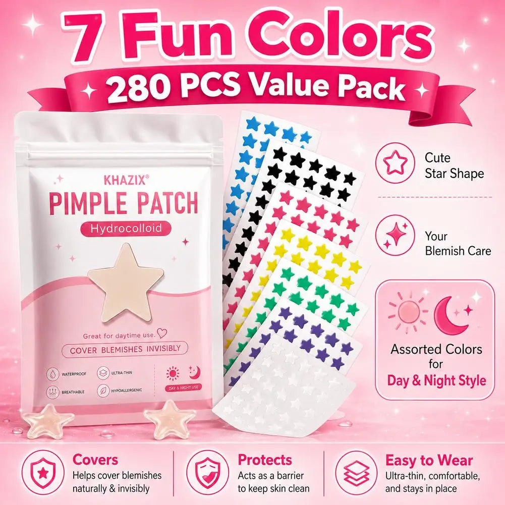 A package of 280 pieces of seven-color pimple patches with various star shapes and a pink background.