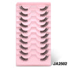 A pink plastic tray holding multiple pairs of clear band cat eye false eyelashes.