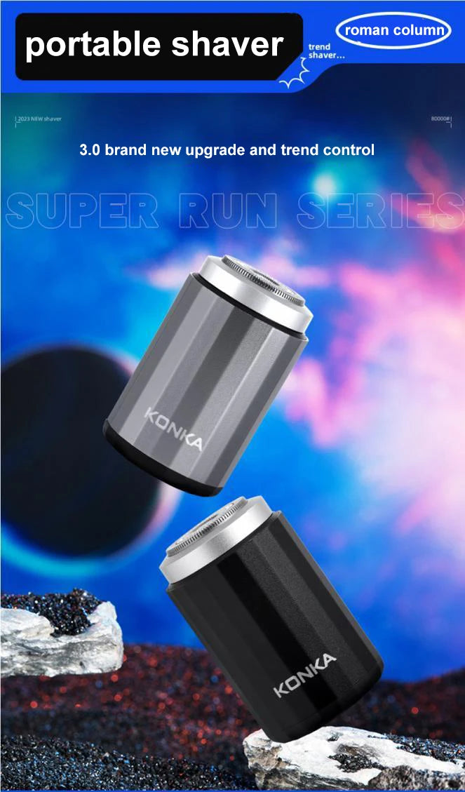 A Konika portable shaver in silver and black is shown against a dark, textured background.