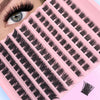 A pink eyelash curler is shown with a close-up of an eye, demonstrating the lash clusters for a natural cat eye look.