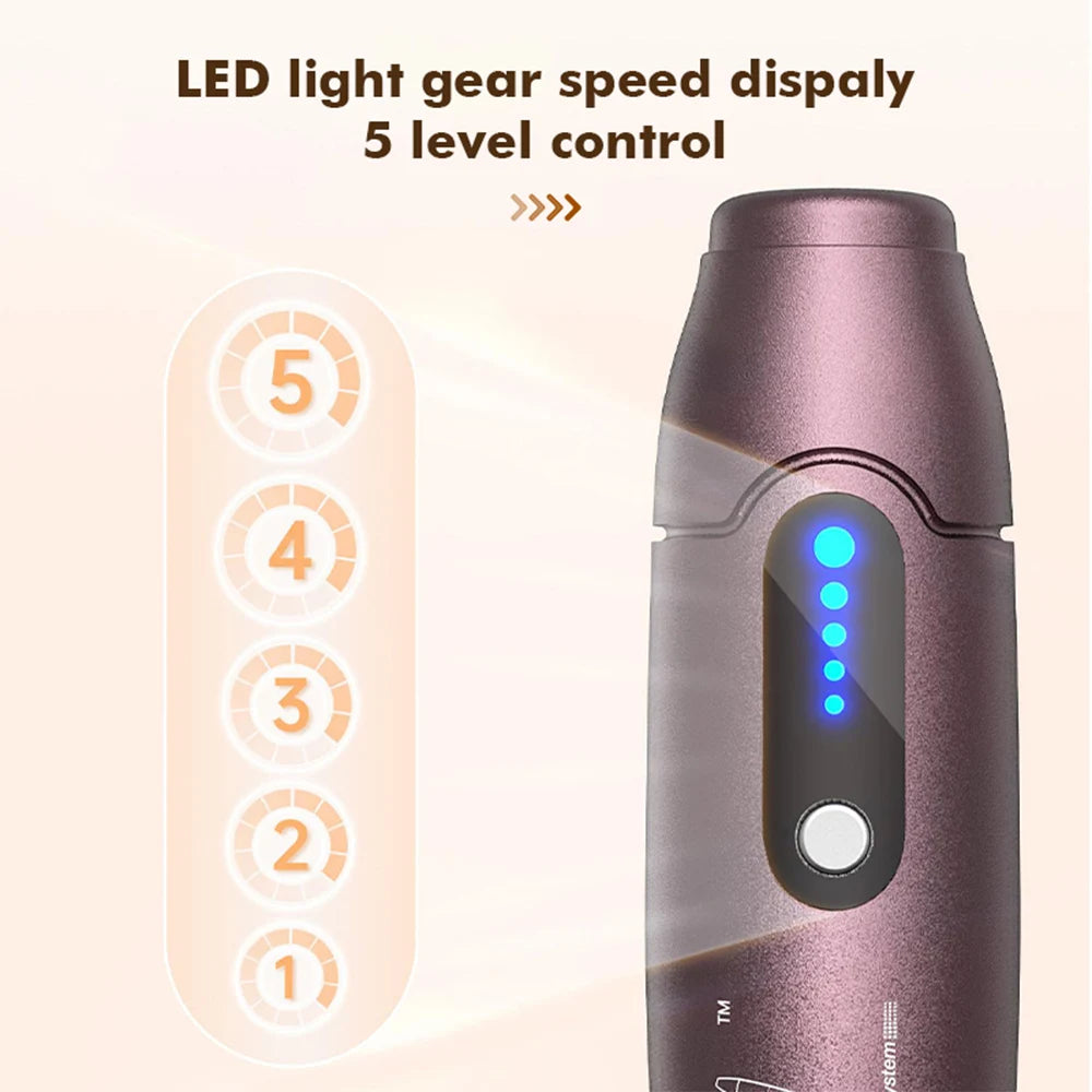 A close-up of a rose gold microneedling pen with a five-level LED light speed control display.