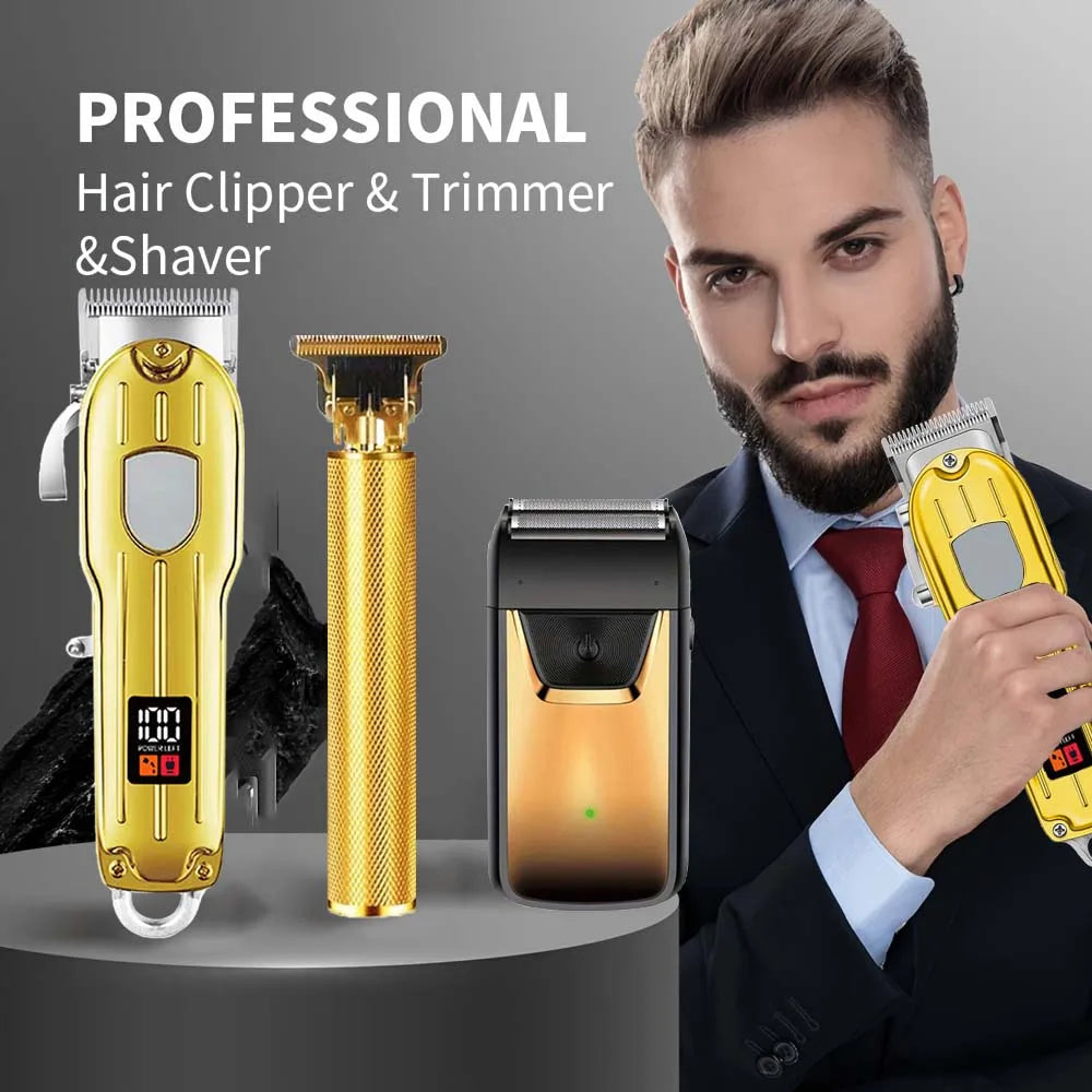 A man holds a professional electric hair clipper and trimmer set featuring gold and black tools.
