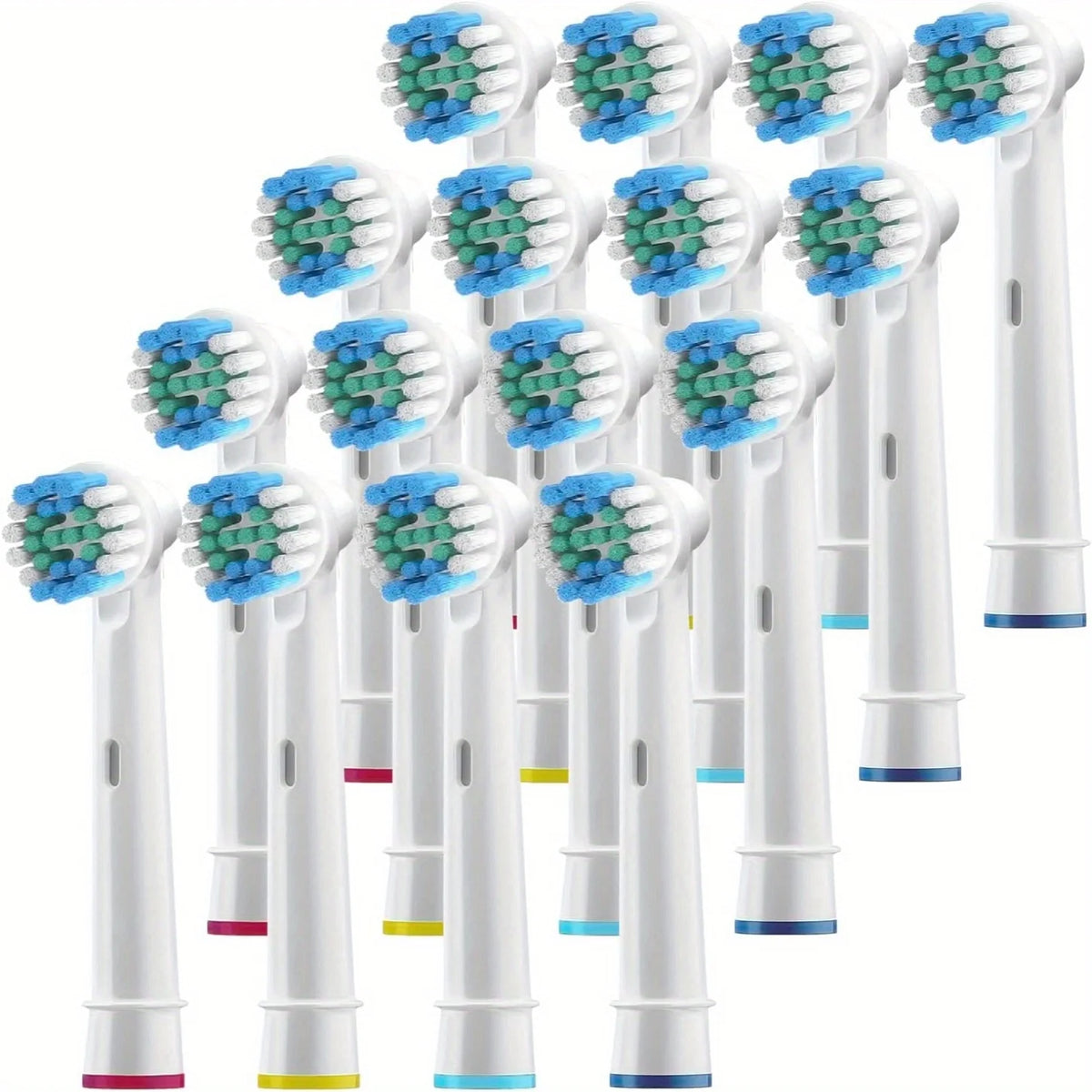 A collection of replacement toothbrush heads for electric toothbrushes, shown in various colors and sizes.
