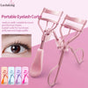 A pink portable eyelash curler with various colored eyelash curlers shown alongside a close-up of an eye.