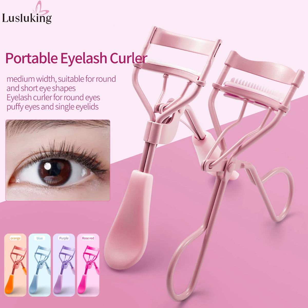 A pink portable eyelash curler with various colored eyelash curlers shown alongside a close-up of an eye.