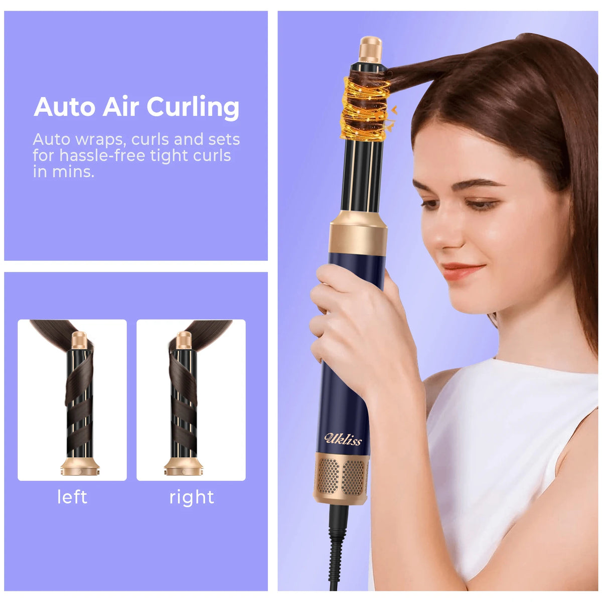 A woman is using an Akliss auto air curling iron on her hair.