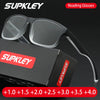 A box of Supkley reading glasses with various lens powers listed on the packaging.
