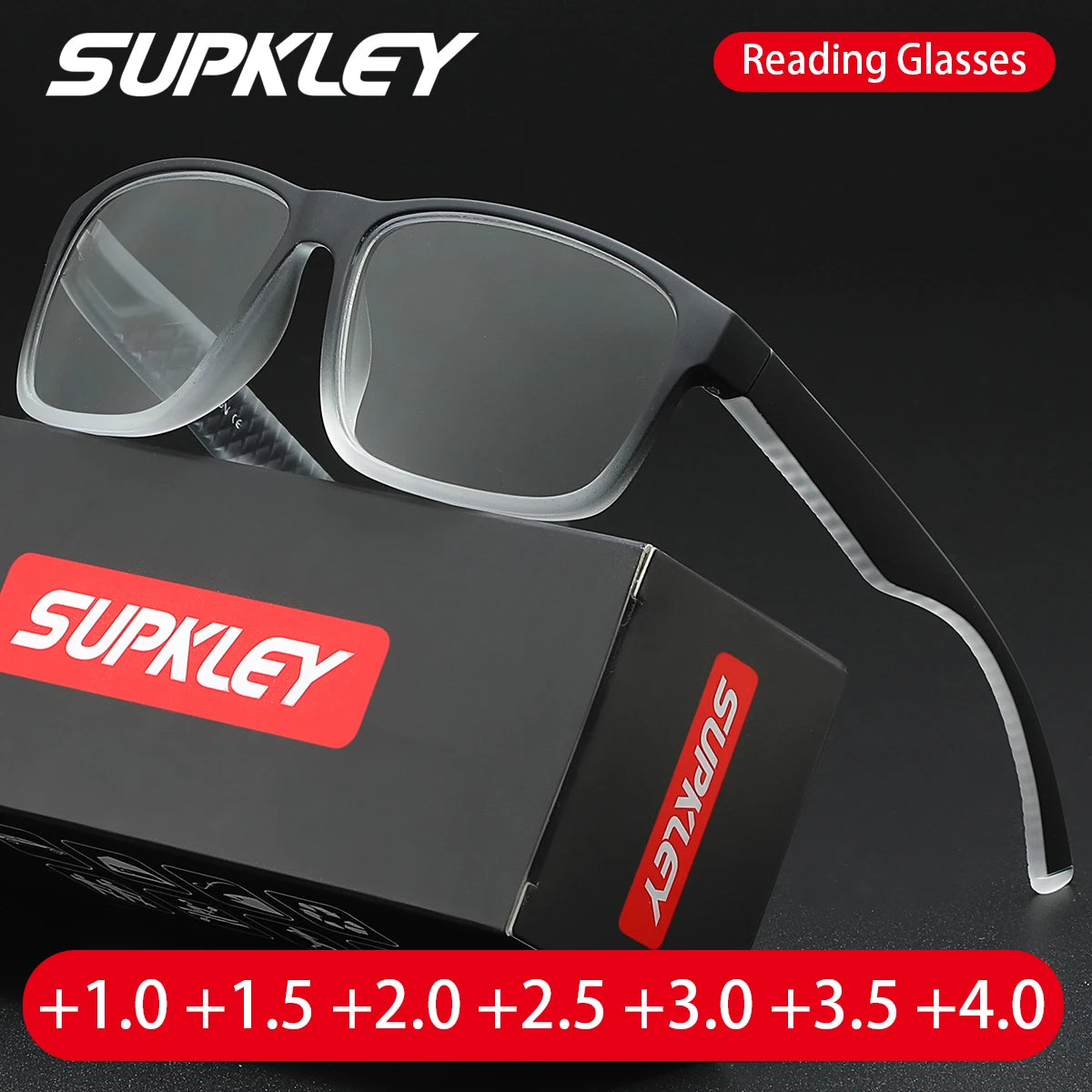 A box of Supkley reading glasses with various lens powers listed on the packaging.