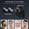 A black vintage cordless hair cutting machine with various blade lengths shown next to models.