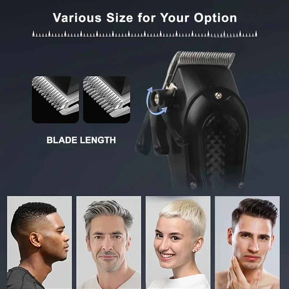 A black vintage cordless hair cutting machine with various blade lengths shown next to models.