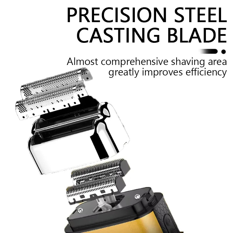 A close-up view of a precision steel casting blade attached to an electric beard shaver.