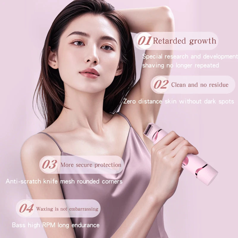 A woman is shown using a pink electric shaver for hair and body, highlighting features like retarded growth, clean skin, secu