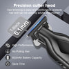 A close-up of a black precision cutter head for a cordless hair trimmer, highlighting the T-blade and performance features.
