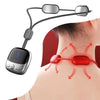 A handheld massager with a flexible neck strap is shown applying pressure to the neck area.
