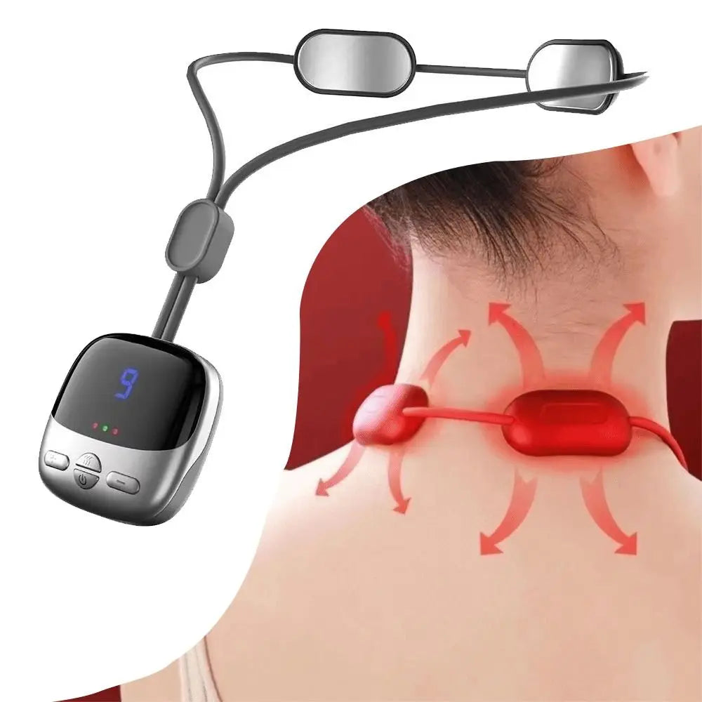 A handheld massager with a flexible neck strap is shown applying pressure to the neck area.