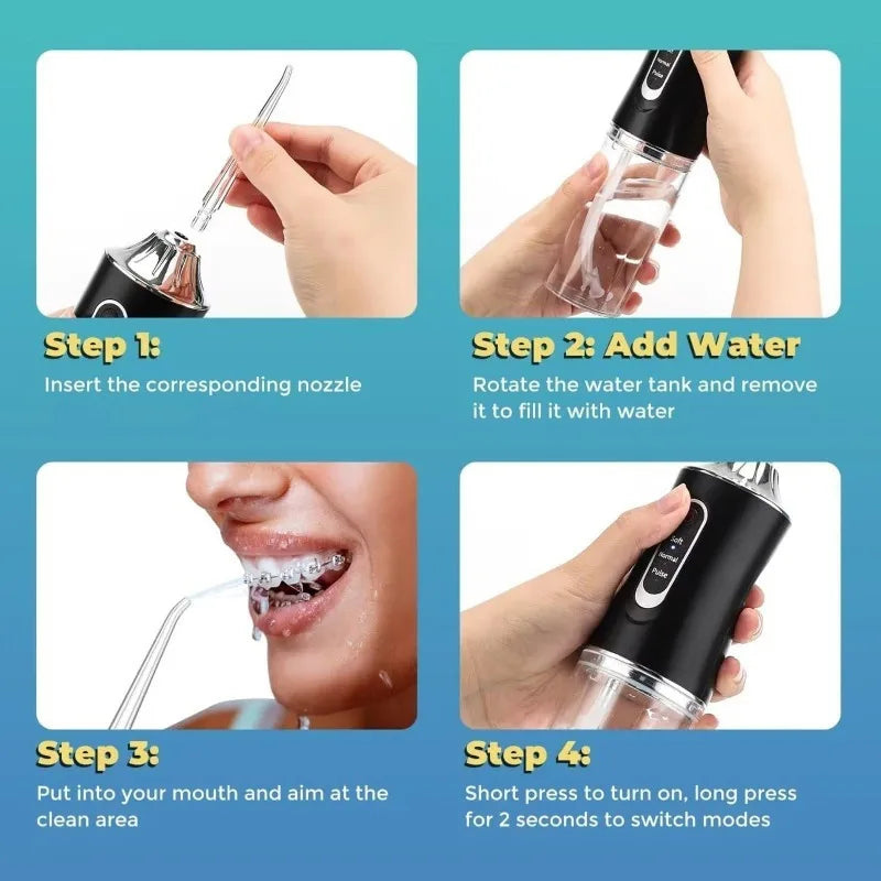 Instructions for using a portable USB rechargeable dental water flosser showing steps to add water and switch modes