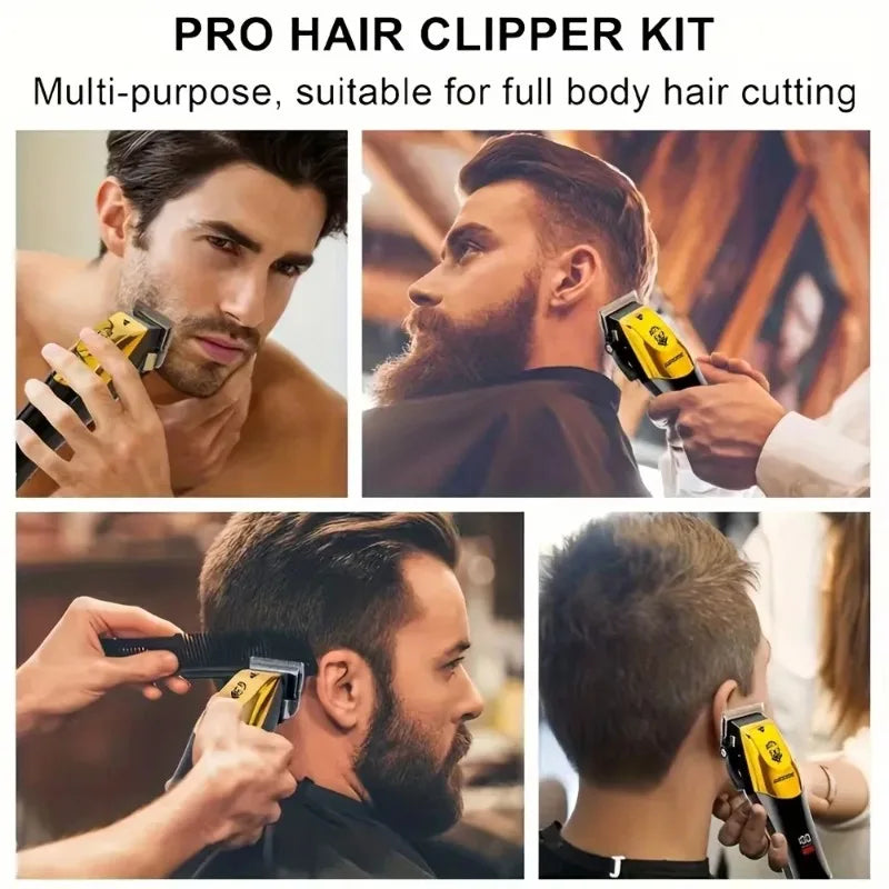 A multi-purpose rechargeable barber kit for hair and beard trimming shown in various uses on male faces.