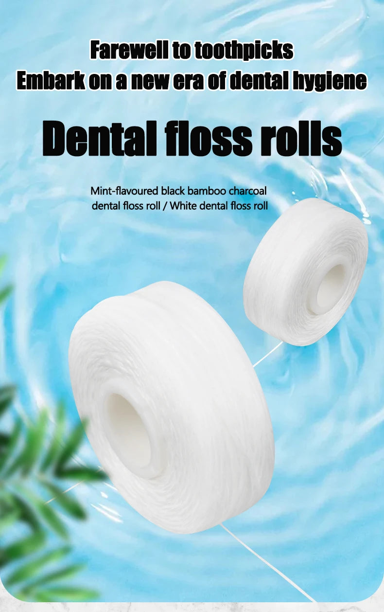 Rolls of mint-flavoured black bamboo charcoal dental floss for oral hygiene