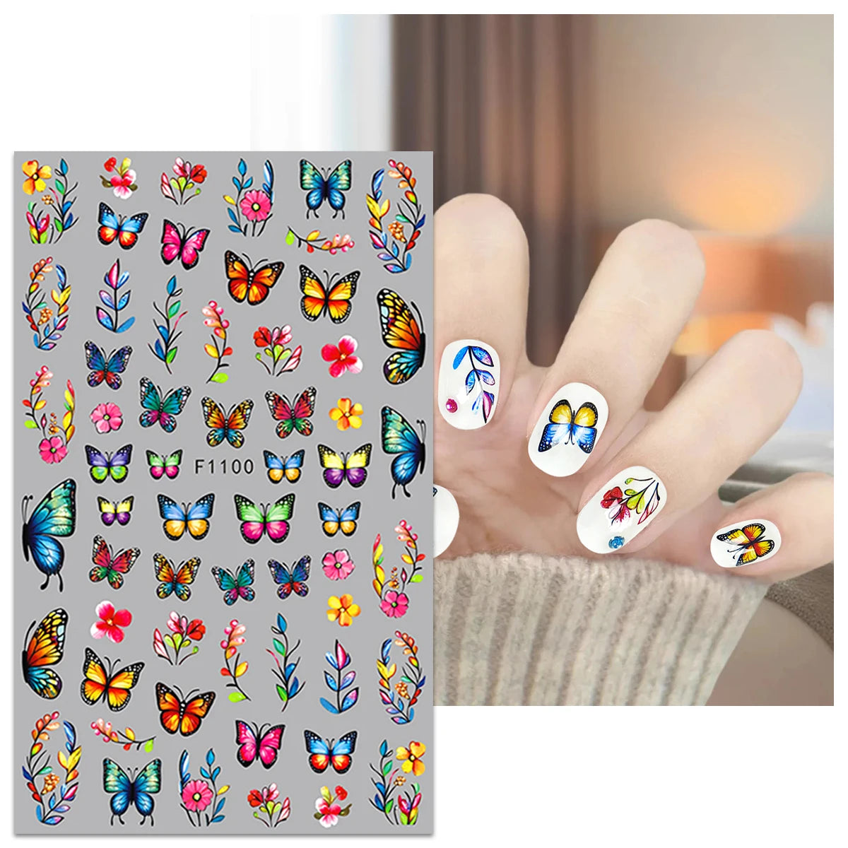 A collection of colorful flower and butterfly nail stickers for DIY decoration shown on a hand.