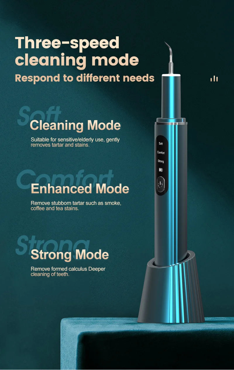 A teal ultrasonic dental tooth cleaner device with a cleaning probe is shown on a dark surface.