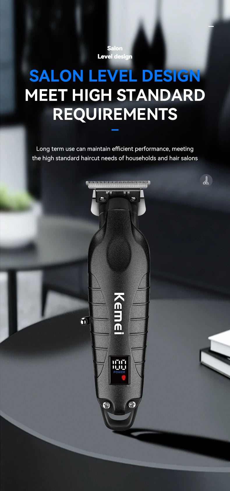 A black Kemi professional rechargeable electric hair clipper trimmer is shown on a dark surface.