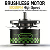 A black brushless motor with a green checkered pattern is shown, highlighting its high speed and durability.