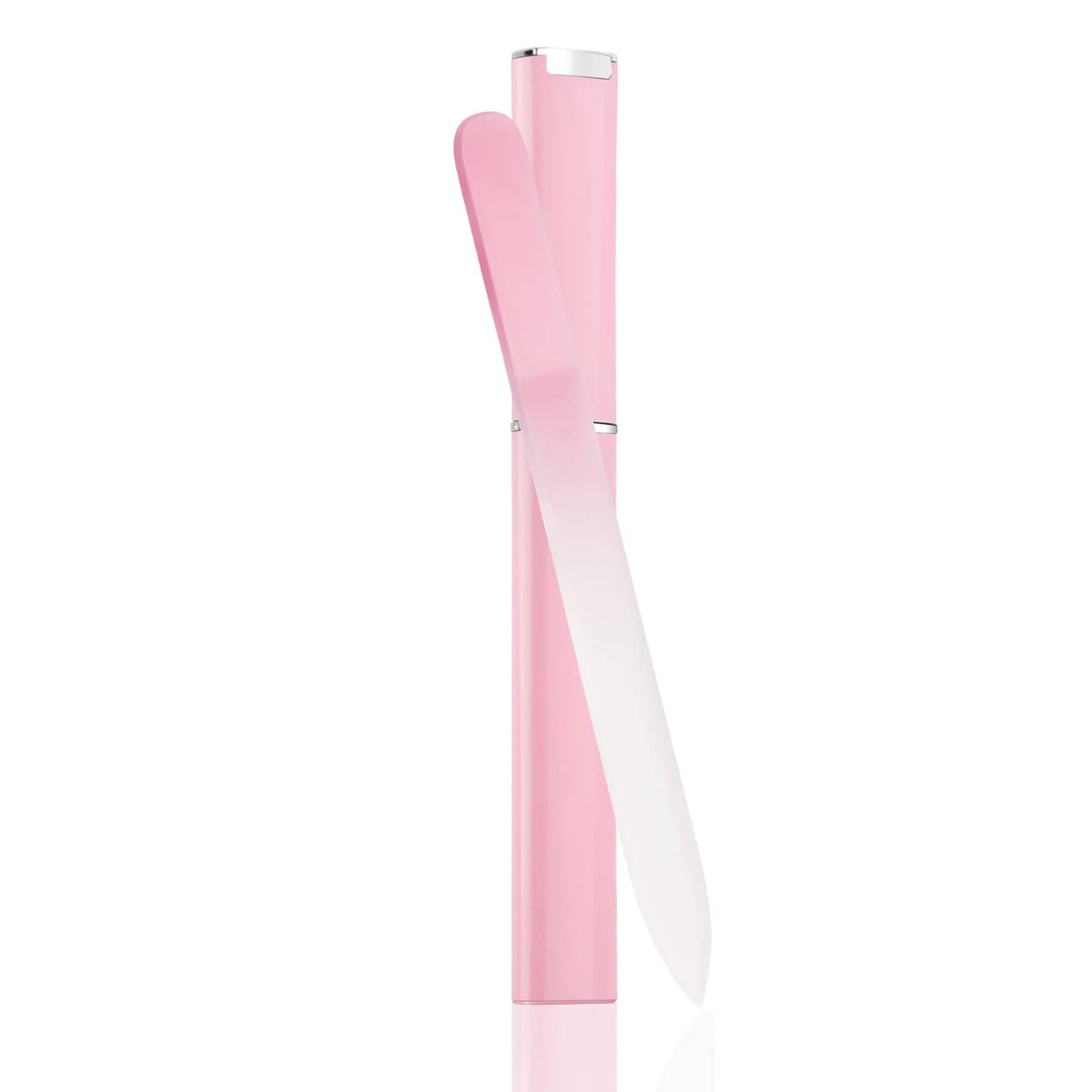 A set of double-sided etched glass nail files in a pink color.