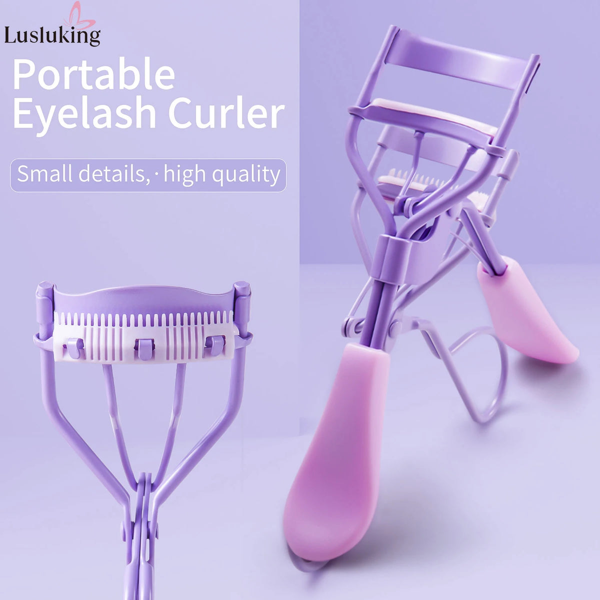 A purple portable eyelash curler with a pink handle and metal curler tool shown in detail.