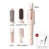 A set of pink ceramic hair tools including a straightener comb, wavy curling iron, and a main curling iron.