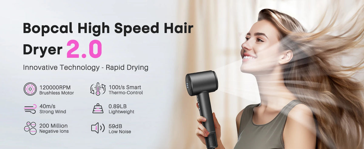 A woman is using a black Bopcal High Speed Hair Dryer 2.0 to dry her hair.