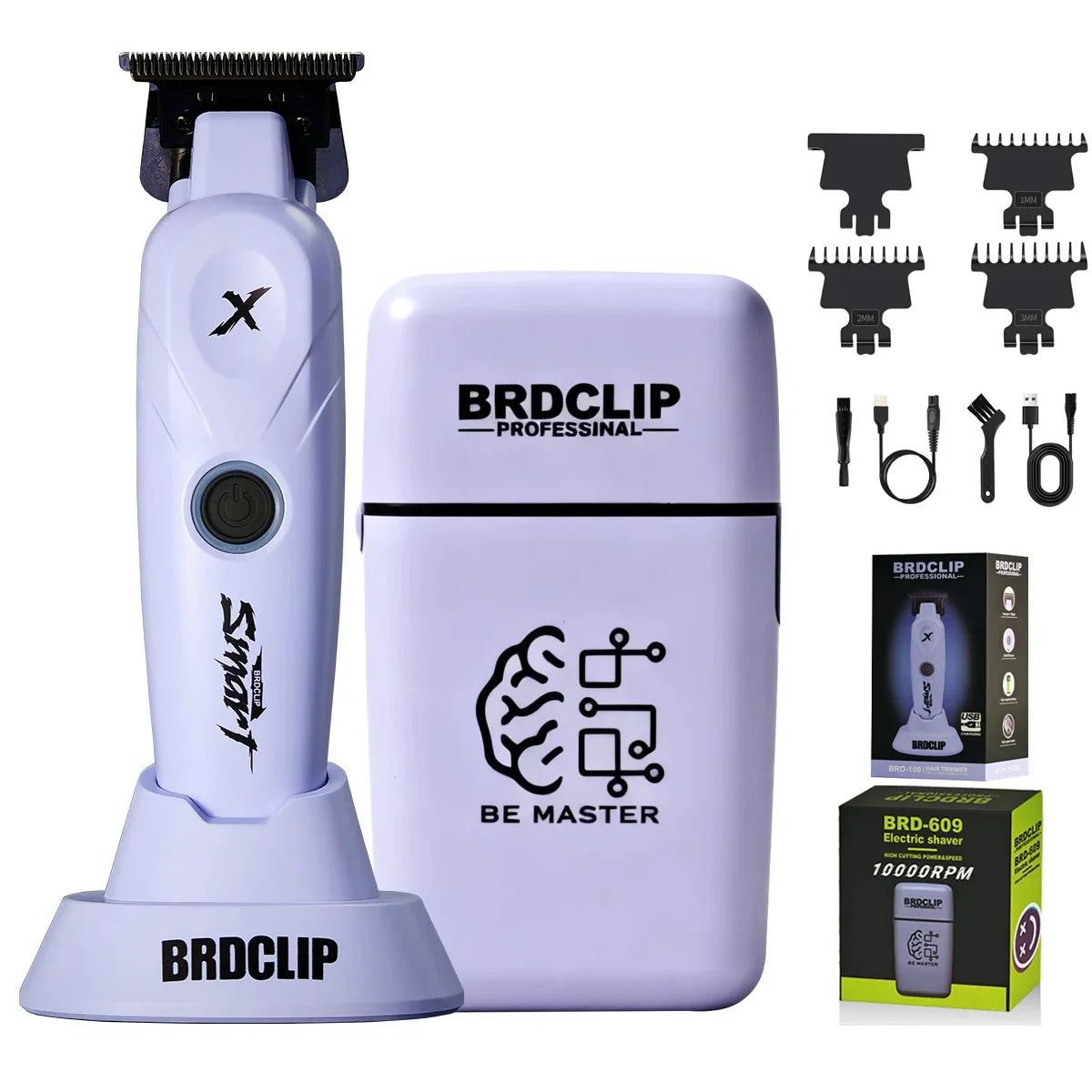 A white BRDCLIP professional hair clipper and trimmer set with accessories displayed on a white background.