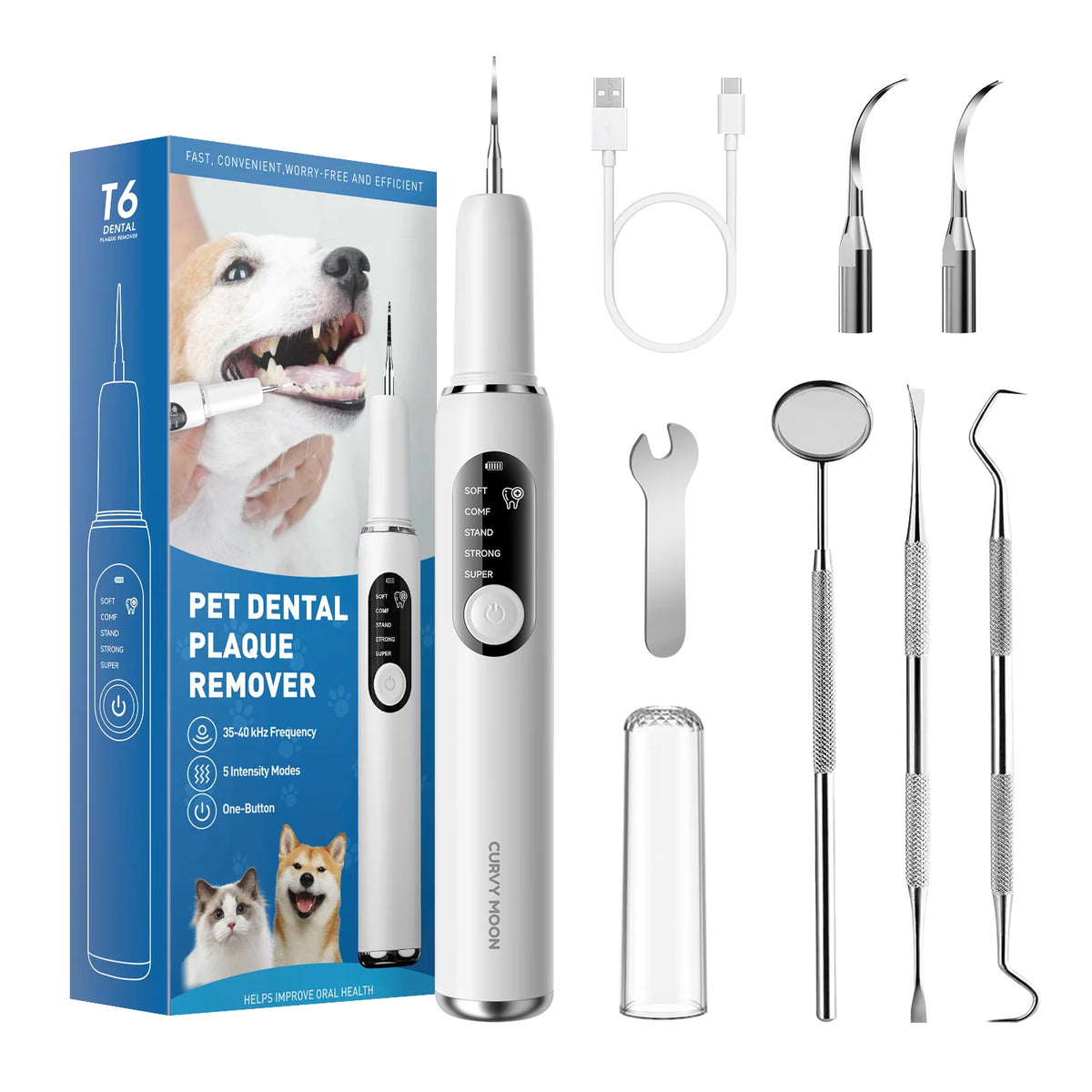 A box and various attachments of an ultrasonic dental cleaner for pets, including a handheld device and cleaning tools.