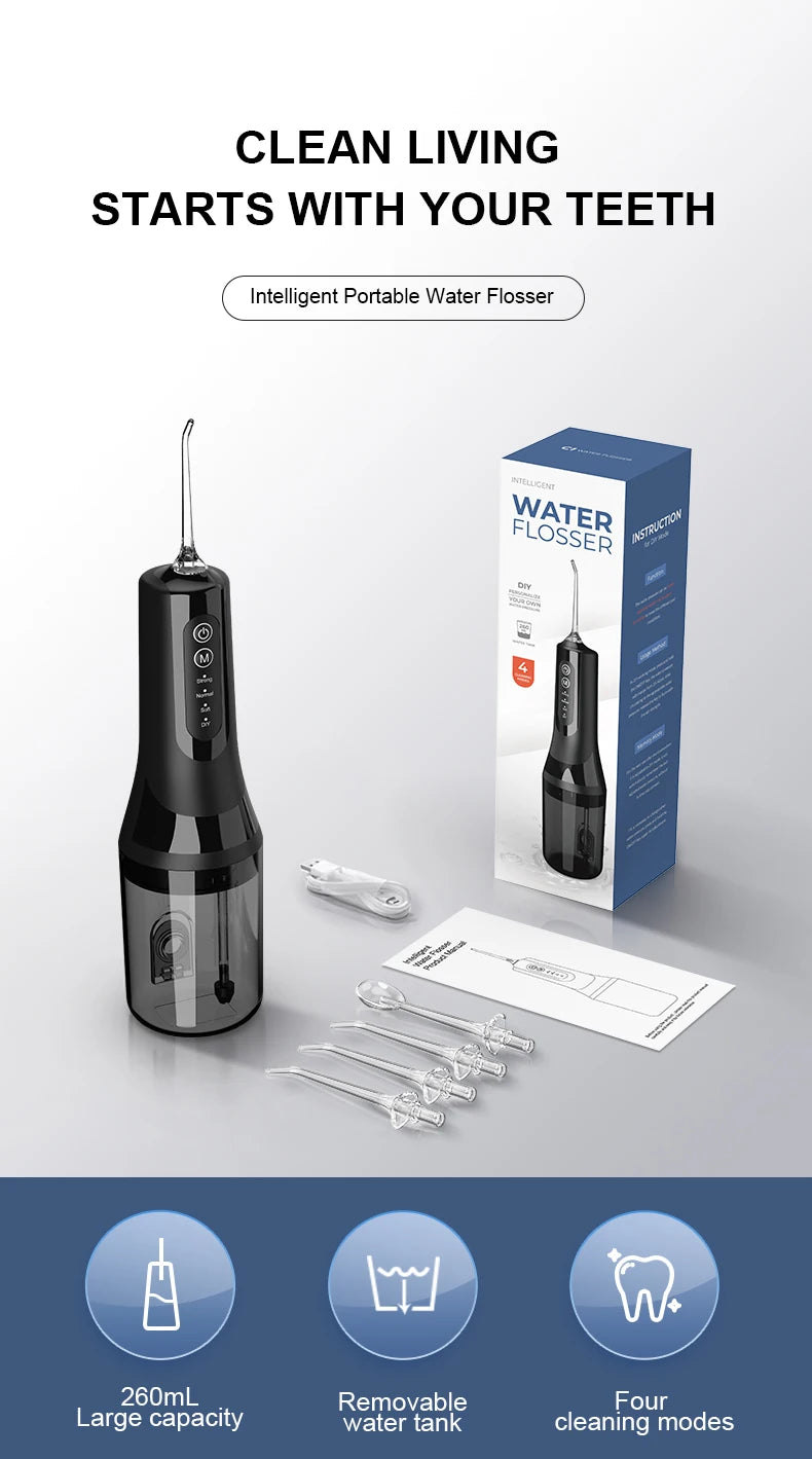 A black portable water flosser device and accessories are shown next to its packaging.