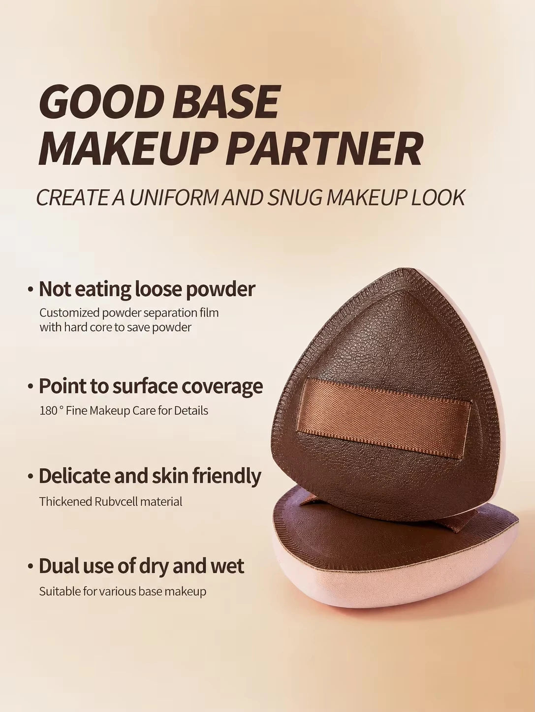 A brown makeup sponge product is shown with text describing its features for a good base makeup partner.