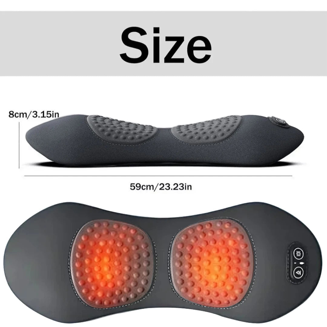 A black electric lumbar support massage pillow shown from the top and bottom views.